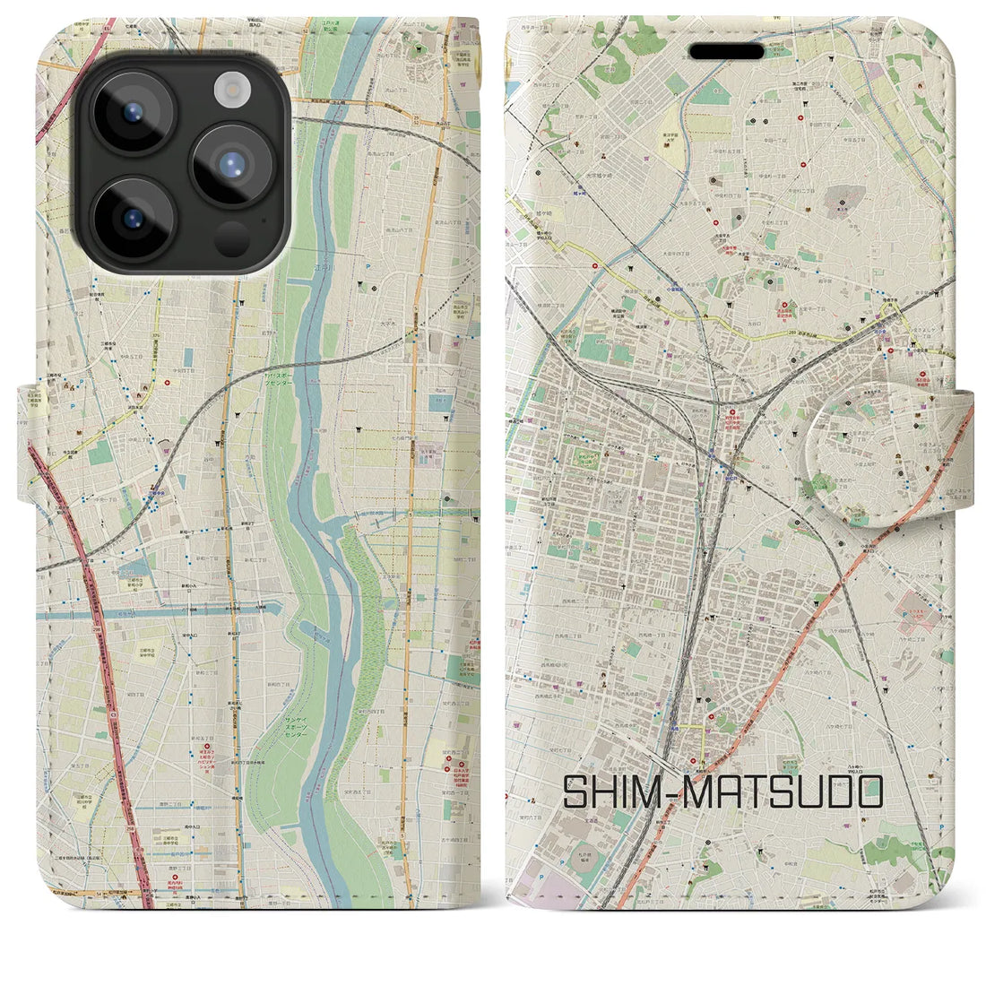 【新松戸】地図柄iPhoneケース（手帳両面タイプ・ナチュラル）iPhone 15 Pro Max 用