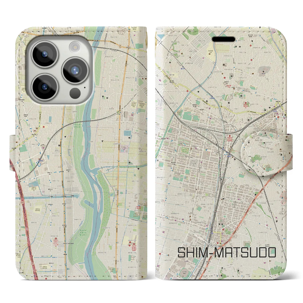 【新松戸】地図柄iPhoneケース（手帳両面タイプ・ナチュラル）iPhone 15 Pro 用