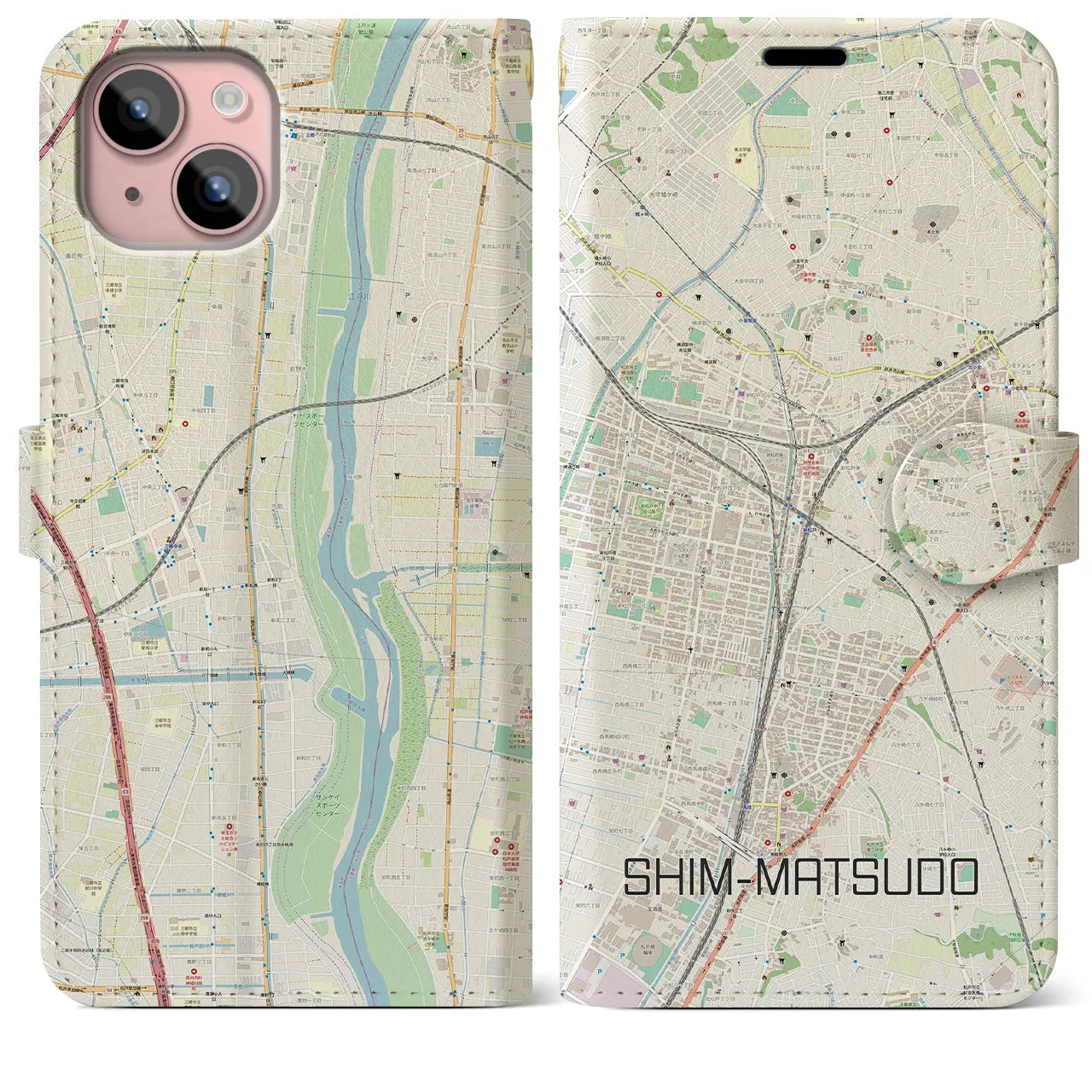 【新松戸】地図柄iPhoneケース（手帳両面タイプ・ナチュラル）iPhone 15 Plus 用