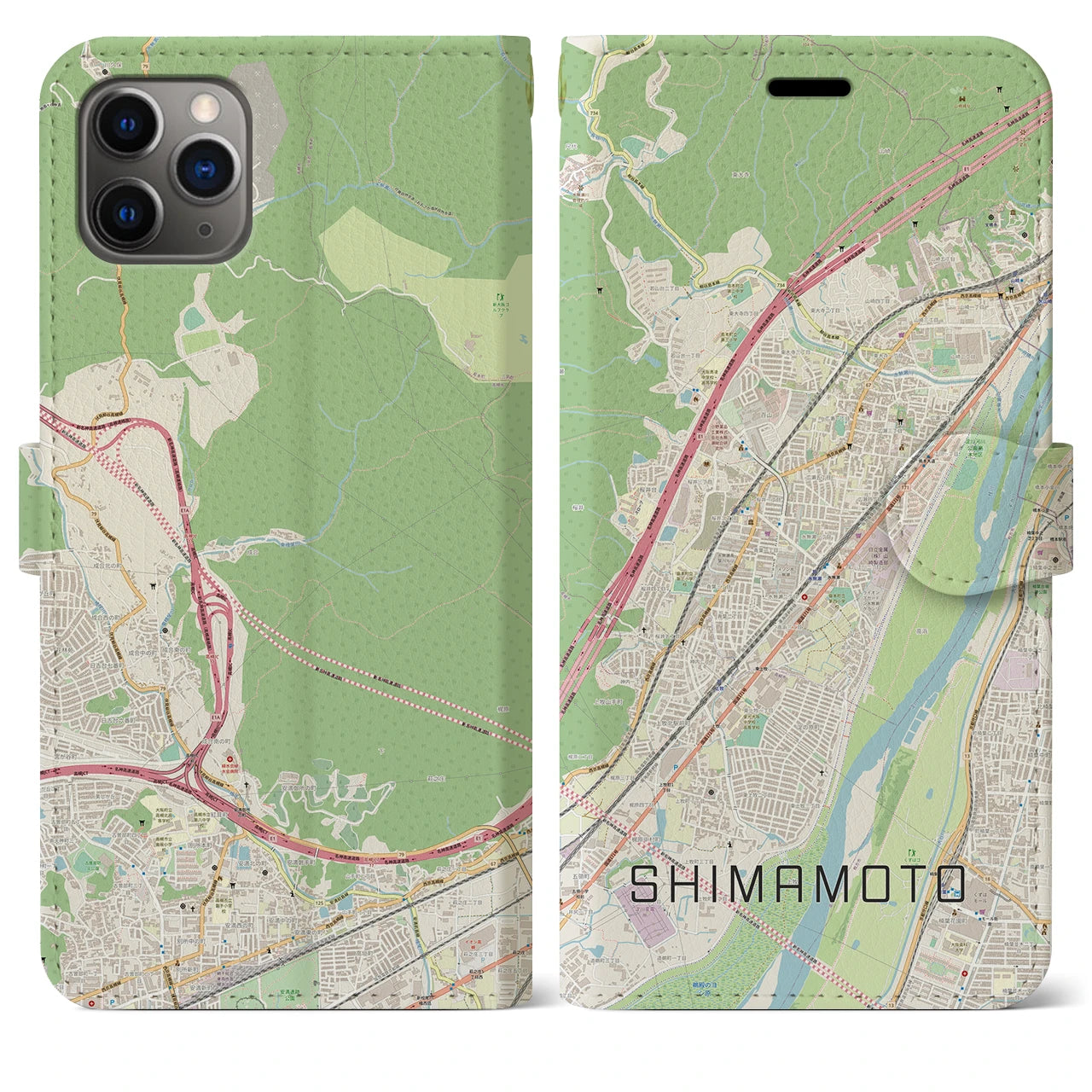 【島本】地図柄iPhoneケース（手帳両面タイプ・ナチュラル）iPhone 11 Pro Max 用