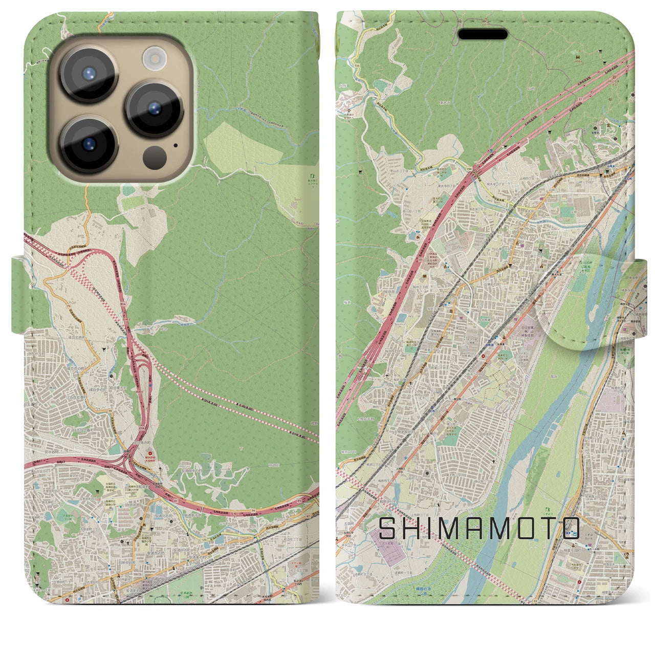 【島本】地図柄iPhoneケース（手帳両面タイプ・ナチュラル）iPhone 14 Pro Max 用