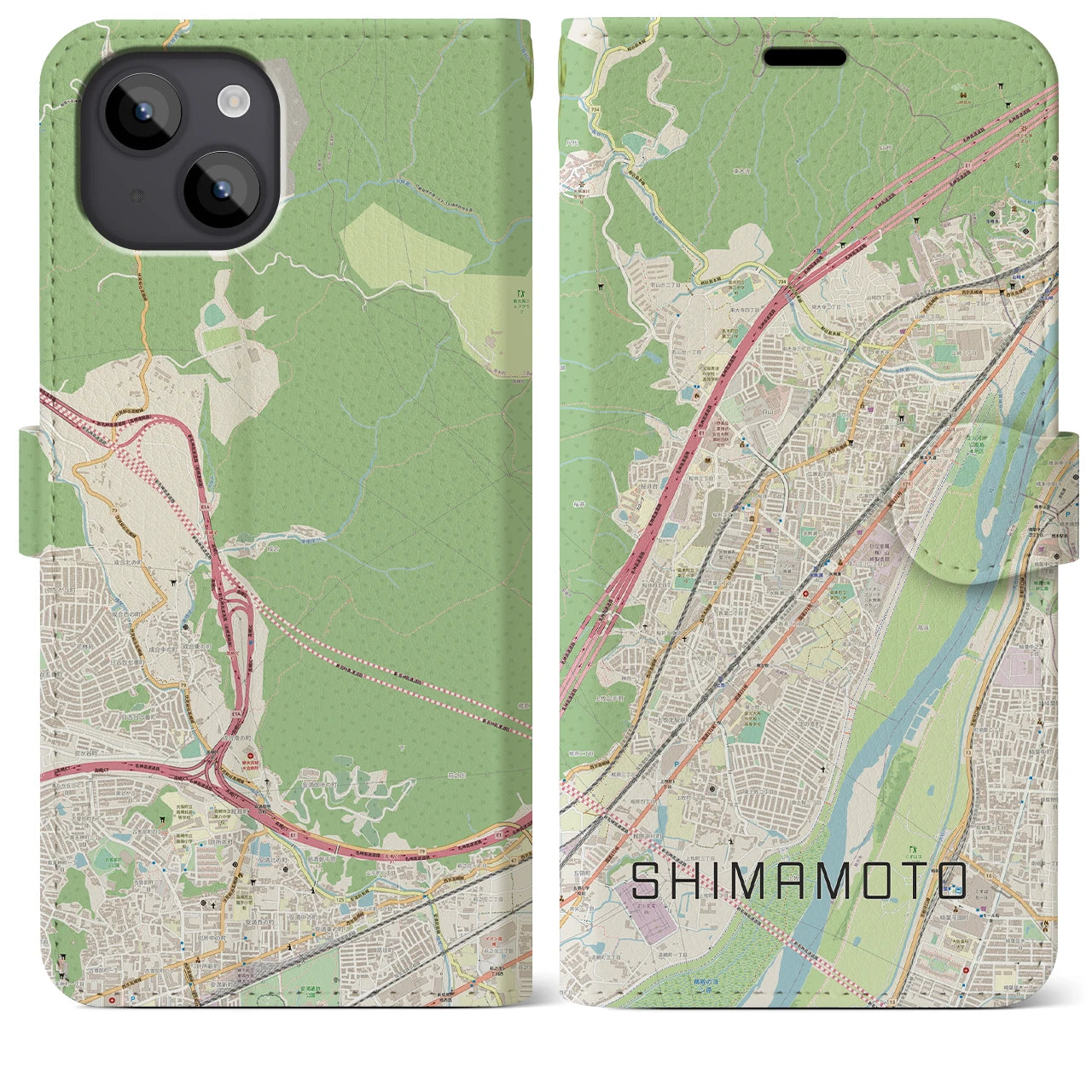 【島本】地図柄iPhoneケース（手帳両面タイプ・ナチュラル）iPhone 14 Plus 用