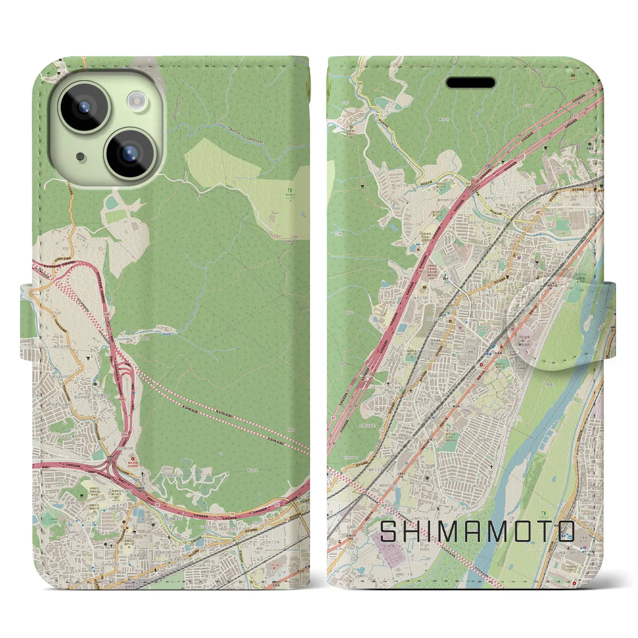 【島本】地図柄iPhoneケース（手帳両面タイプ・ナチュラル）iPhone 15 用