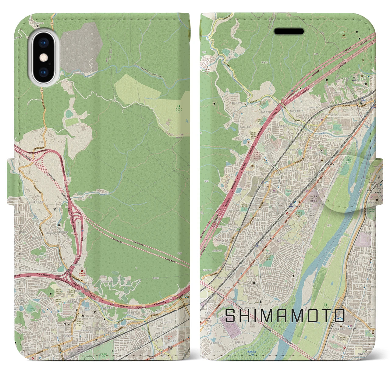 【島本】地図柄iPhoneケース（手帳両面タイプ・ナチュラル）iPhone XS Max 用