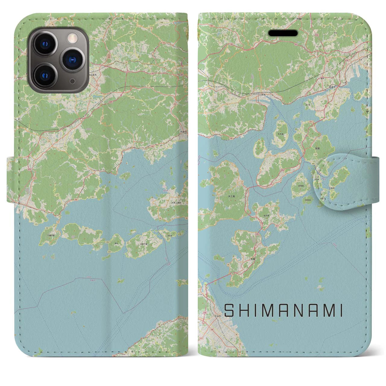 【しまなみ2】地図柄iPhoneケース（手帳両面タイプ・ナチュラル）iPhone 11 Pro Max 用