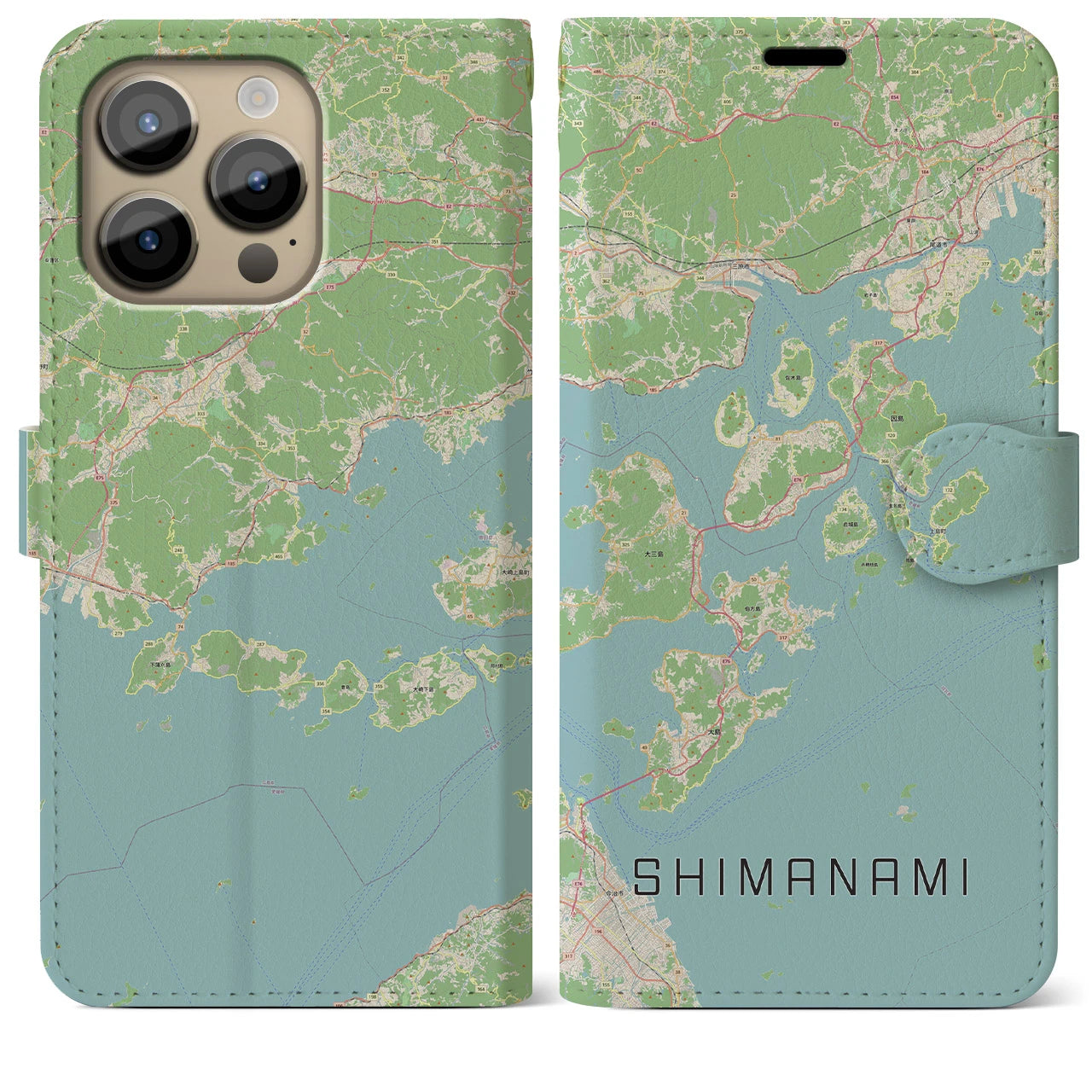 【しまなみ2】地図柄iPhoneケース（手帳両面タイプ・ナチュラル）iPhone 14 Pro Max 用