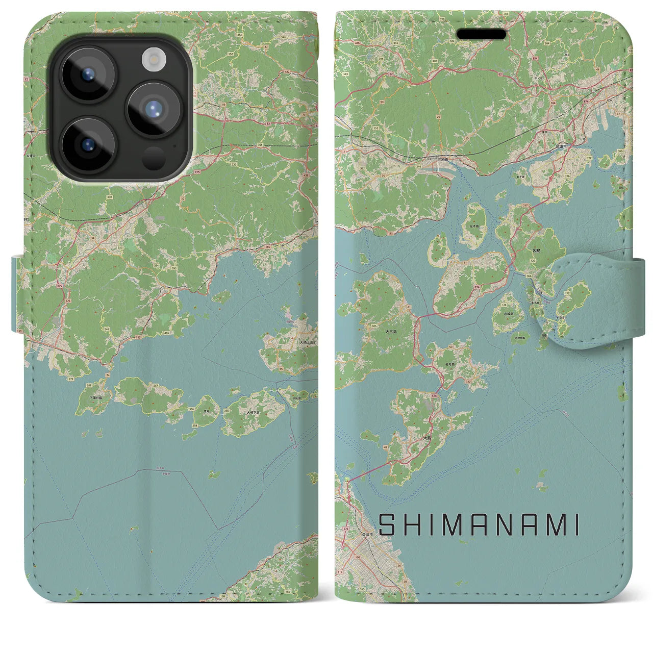 【しまなみ2】地図柄iPhoneケース（手帳両面タイプ・ナチュラル）iPhone 15 Pro Max 用