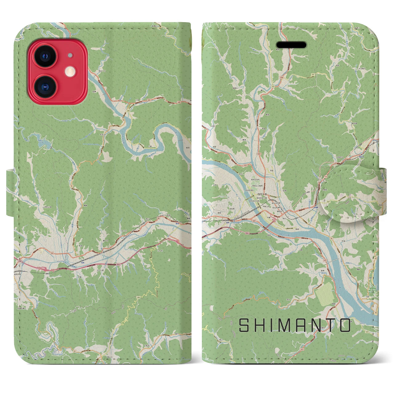 【四万十】地図柄iPhoneケース（手帳両面タイプ・ナチュラル）iPhone 11 用