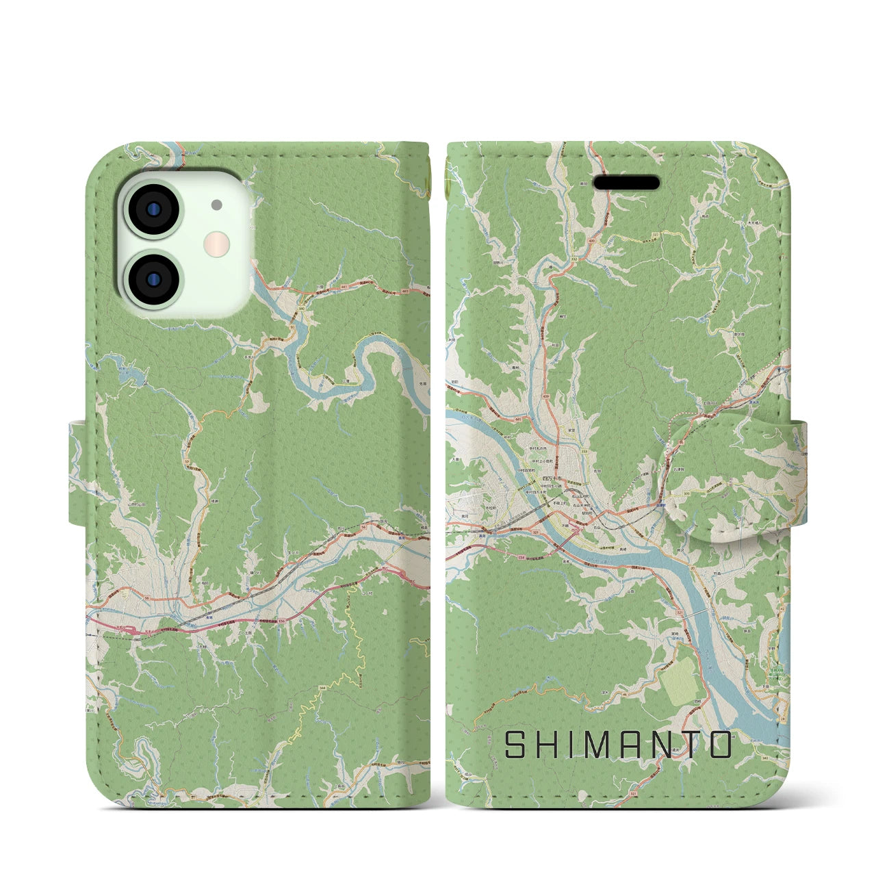 【四万十】地図柄iPhoneケース（手帳両面タイプ・ナチュラル）iPhone 12 mini 用