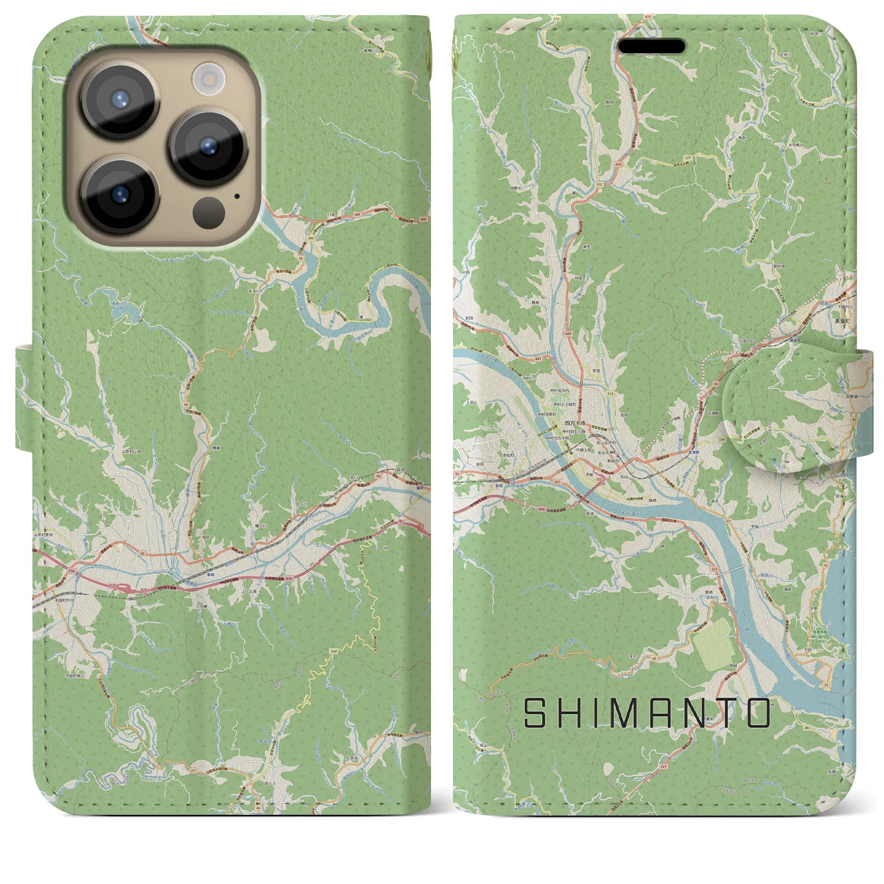 【四万十】地図柄iPhoneケース（手帳両面タイプ・ナチュラル）iPhone 14 Pro Max 用