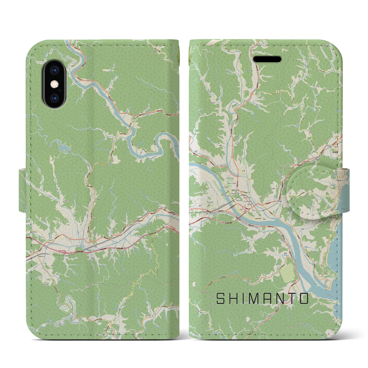 【四万十】地図柄iPhoneケース（手帳両面タイプ・ナチュラル）iPhone XS / X 用