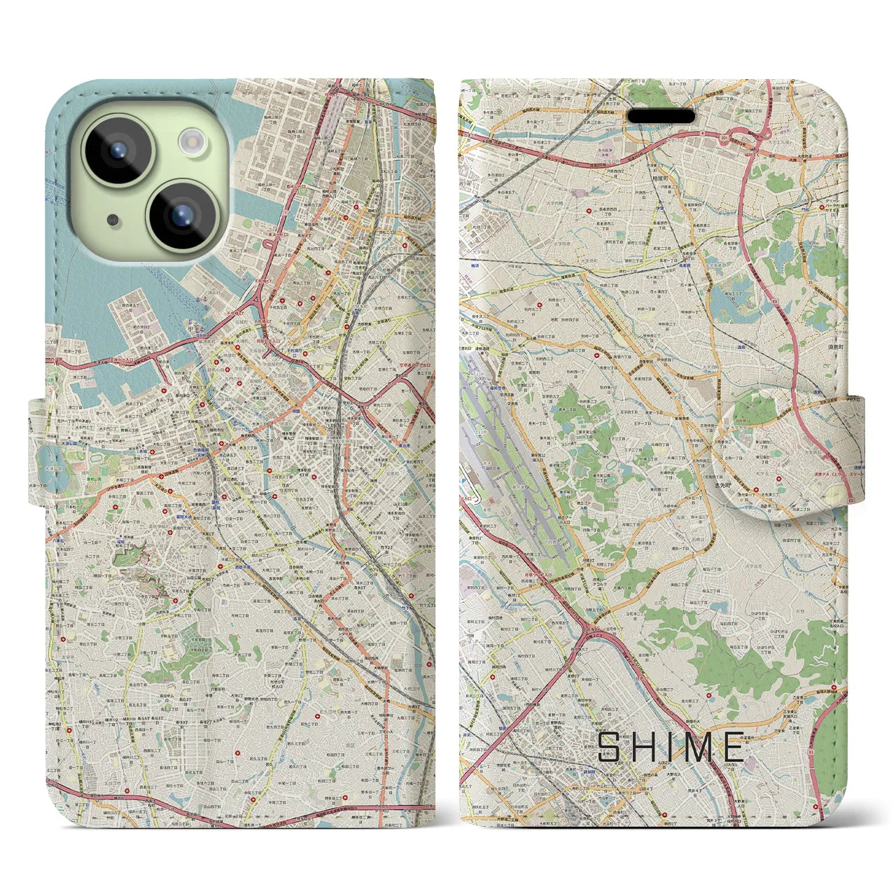 【志免】地図柄iPhoneケース（手帳両面タイプ・ナチュラル）iPhone 15 用