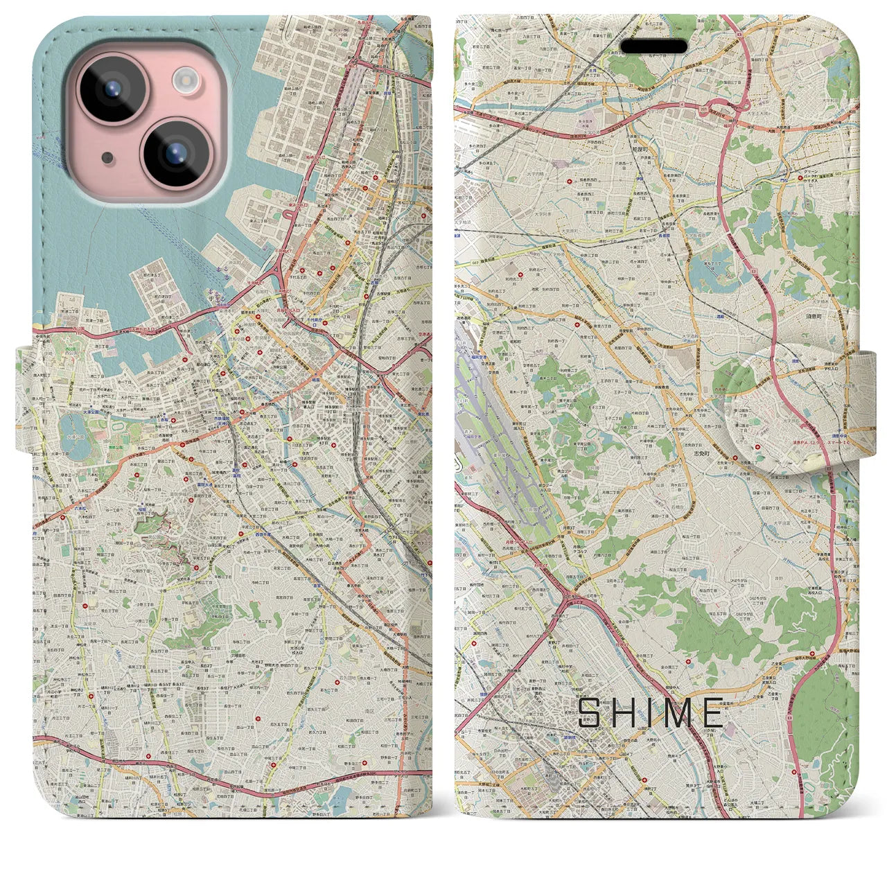 【志免】地図柄iPhoneケース（手帳両面タイプ・ナチュラル）iPhone 15 Plus 用