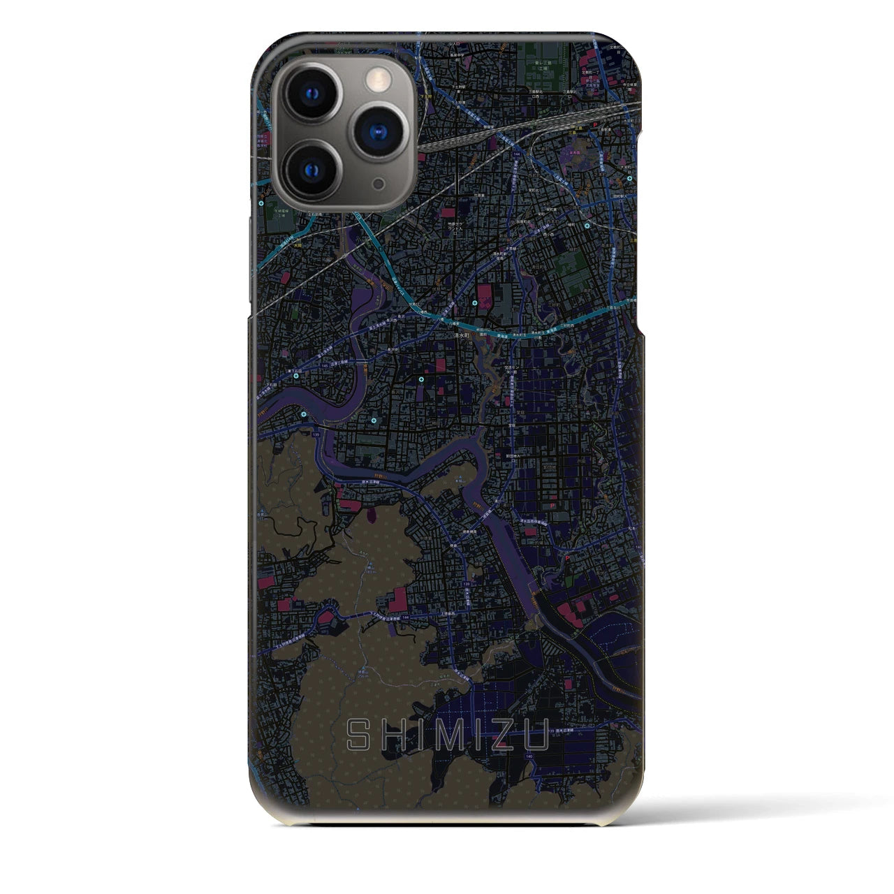 【清水（静岡県清水町）】地図柄iPhoneケース（バックカバータイプ・ブラック）iPhone 11 Pro Max 用