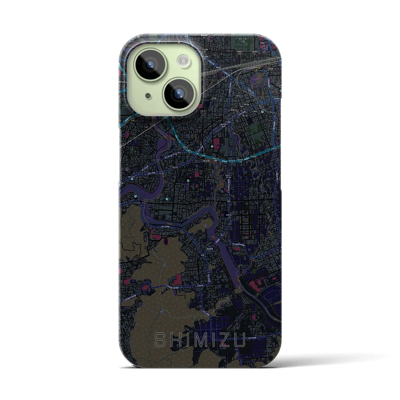 【清水（静岡県清水町）】地図柄iPhoneケース（バックカバータイプ・ブラック）iPhone 15 用