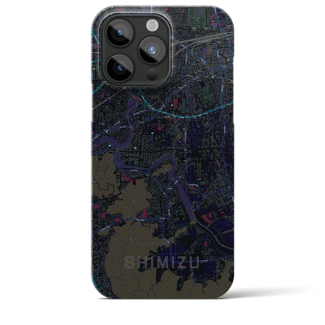 【清水（静岡県清水町）】地図柄iPhoneケース（バックカバータイプ・ブラック）iPhone 15 Pro Max 用