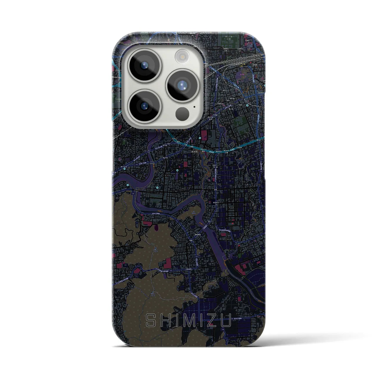 【清水（静岡県清水町）】地図柄iPhoneケース（バックカバータイプ・ブラック）iPhone 15 Pro 用