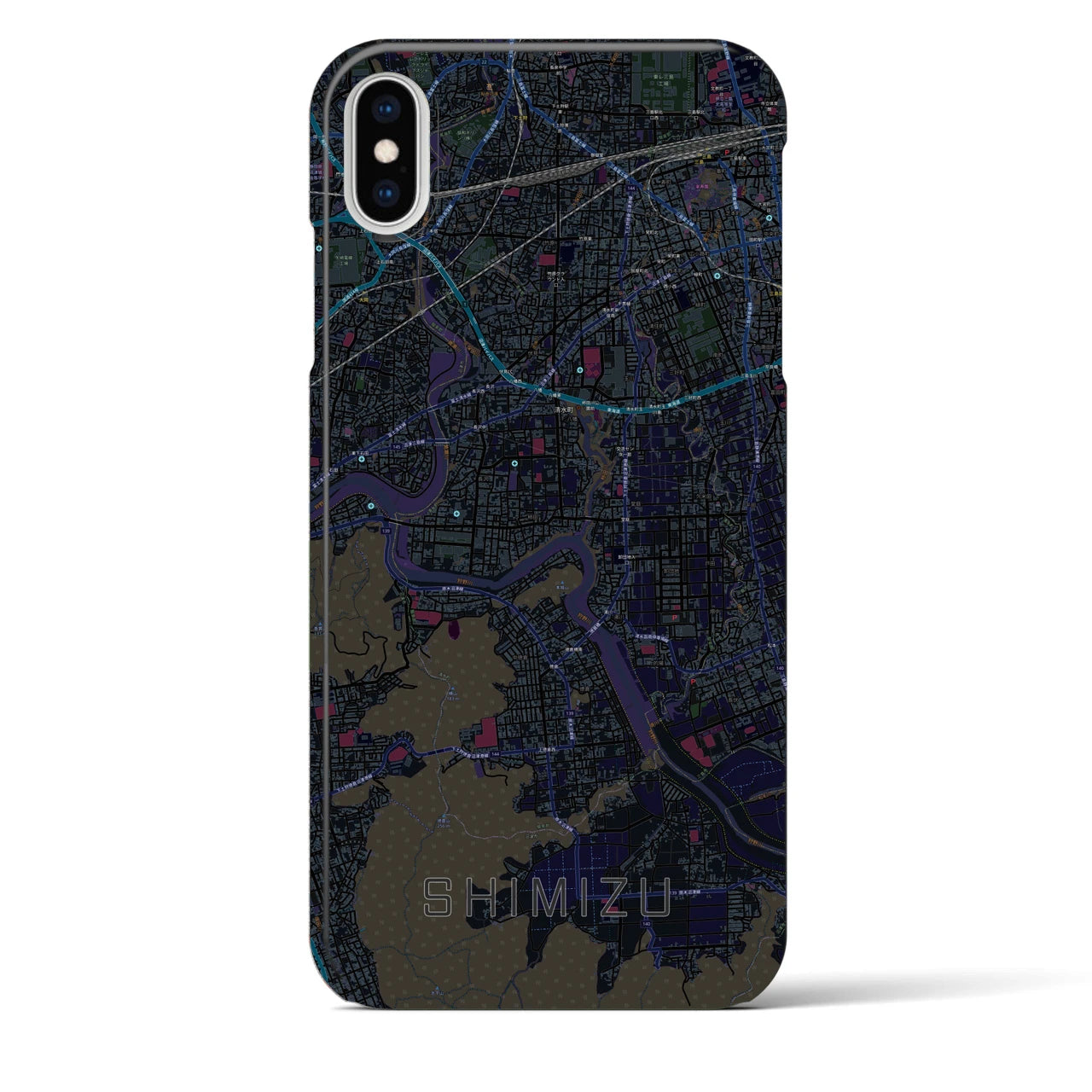 【清水（静岡県清水町）】地図柄iPhoneケース（バックカバータイプ・ブラック）iPhone XS Max 用