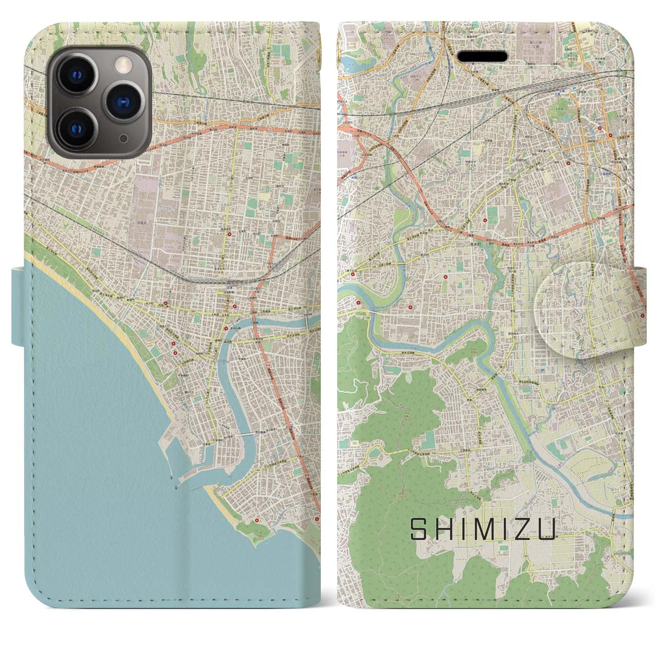【清水（静岡県清水町）】地図柄iPhoneケース（手帳両面タイプ・ナチュラル）iPhone 11 Pro Max 用
