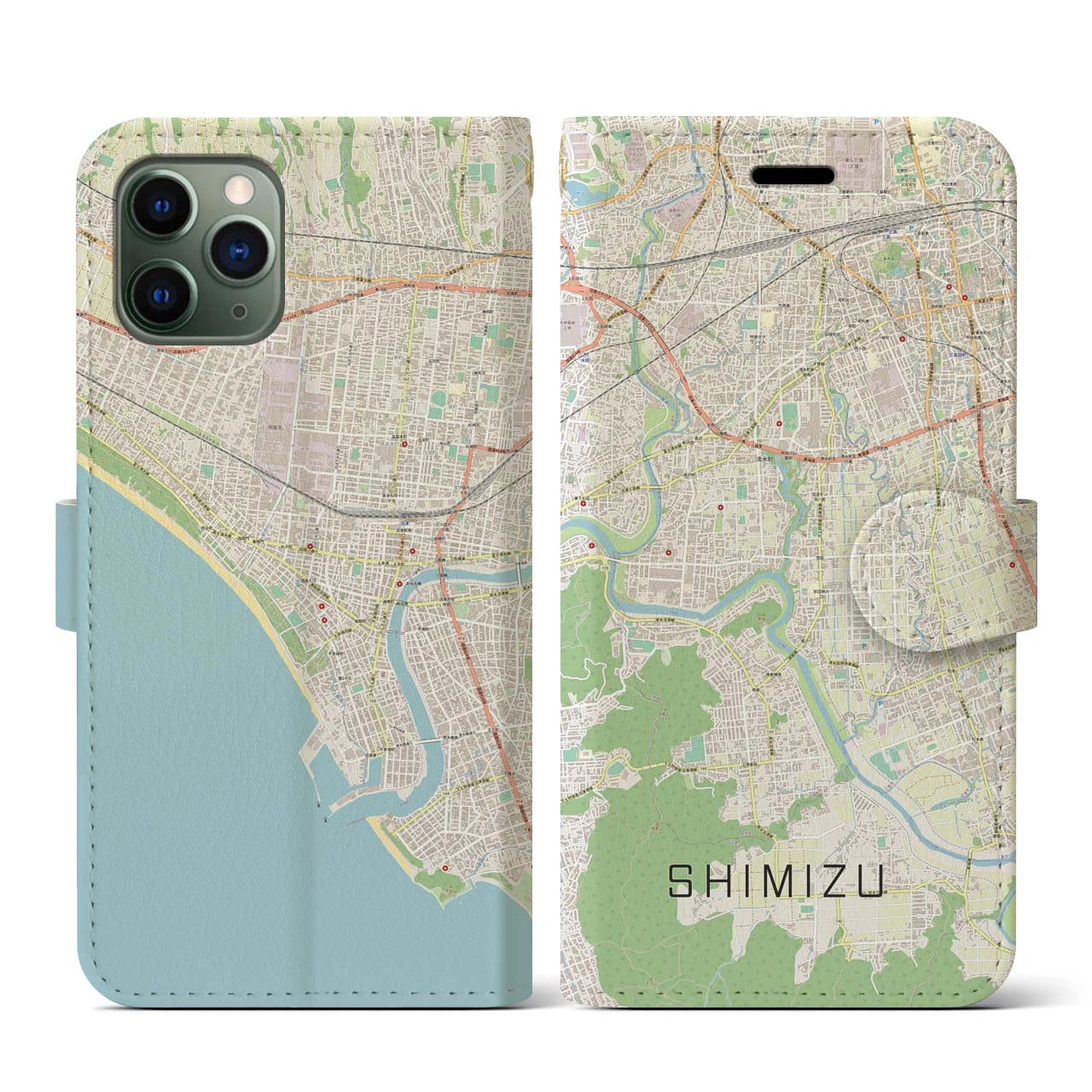 【清水（静岡県清水町）】地図柄iPhoneケース（手帳両面タイプ・ナチュラル）iPhone 11 Pro 用
