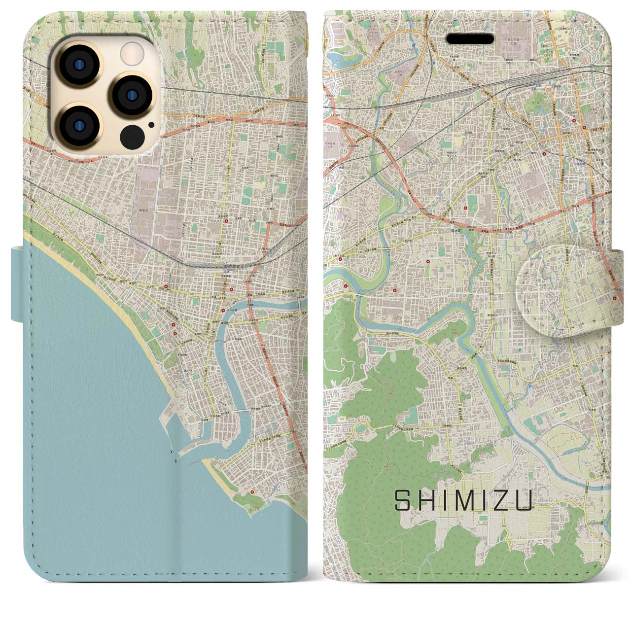 【清水（静岡県清水町）】地図柄iPhoneケース（手帳両面タイプ・ナチュラル）iPhone 12 Pro Max 用