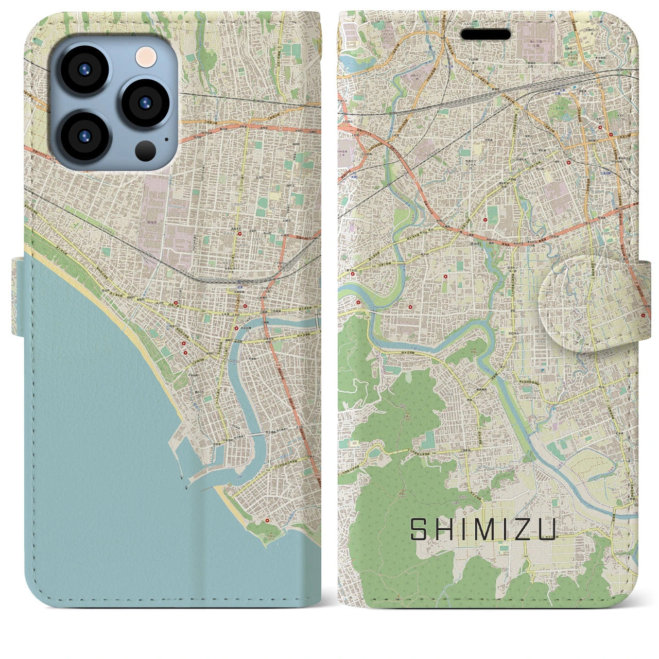 【清水（静岡県清水町）】地図柄iPhoneケース（手帳両面タイプ・ナチュラル）iPhone 13 Pro Max 用