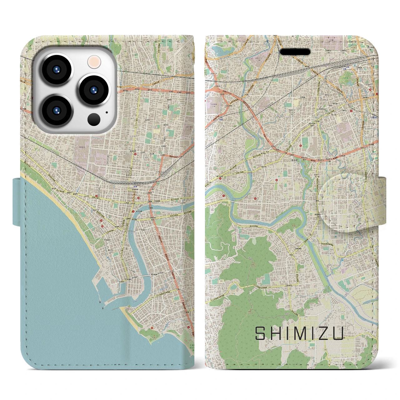 【清水（静岡県清水町）】地図柄iPhoneケース（手帳両面タイプ・ナチュラル）iPhone 13 Pro 用