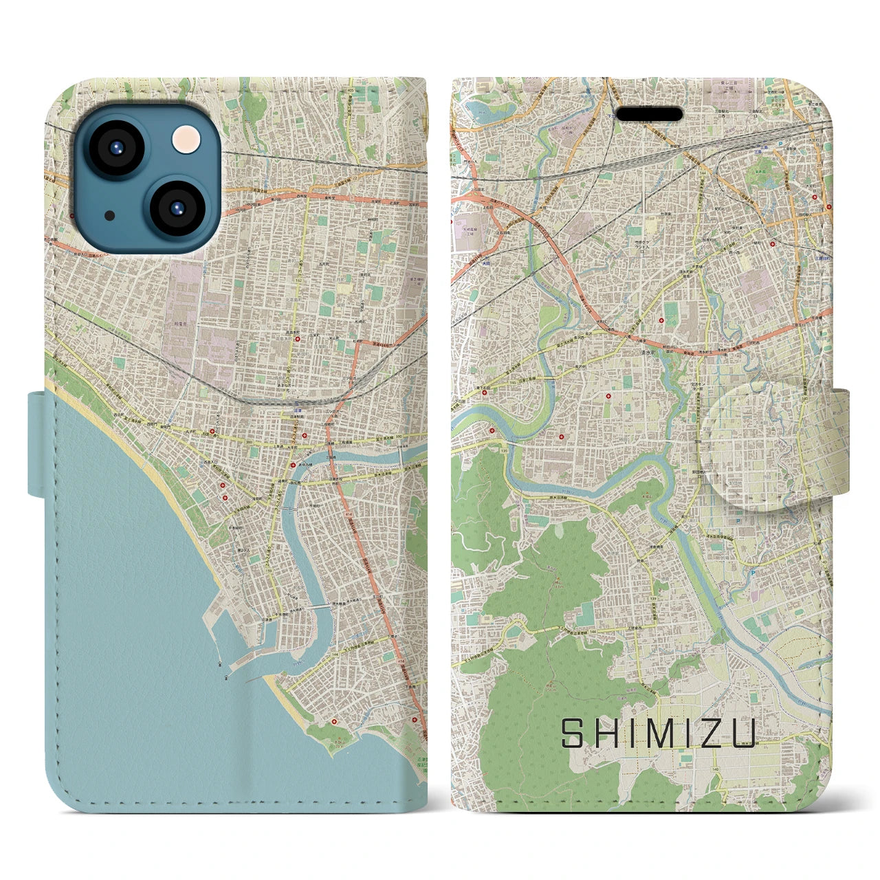 【清水（静岡県清水町）】地図柄iPhoneケース（手帳両面タイプ・ナチュラル）iPhone 13 用