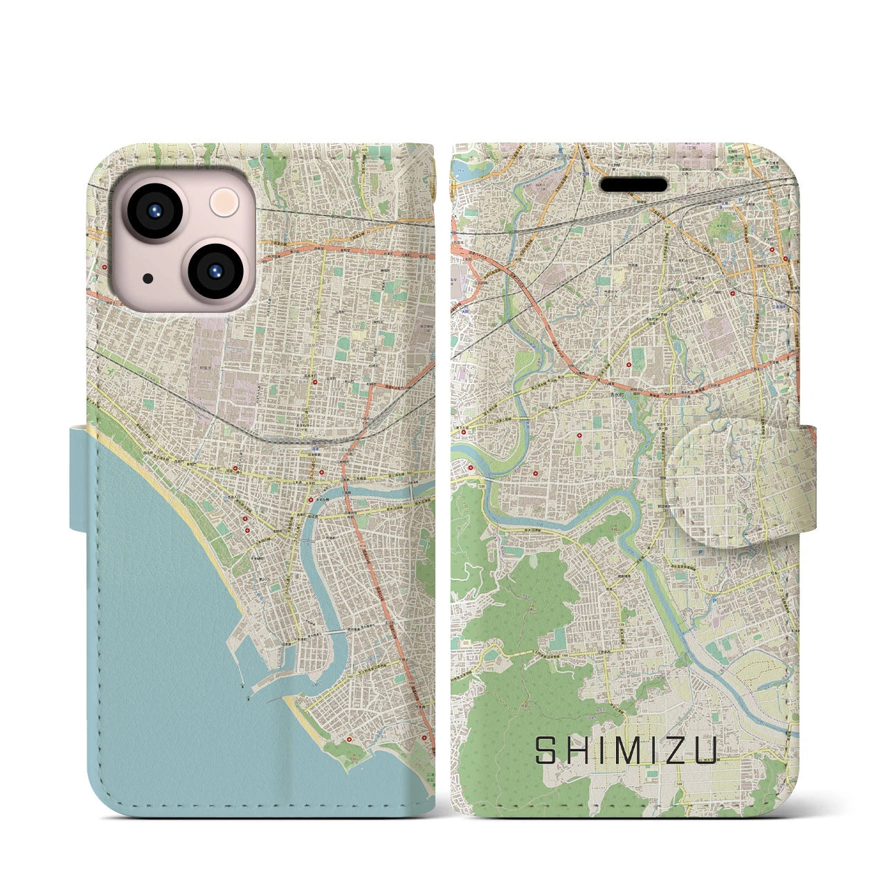 【清水（静岡県清水町）】地図柄iPhoneケース（手帳両面タイプ・ナチュラル）iPhone 13 mini 用
