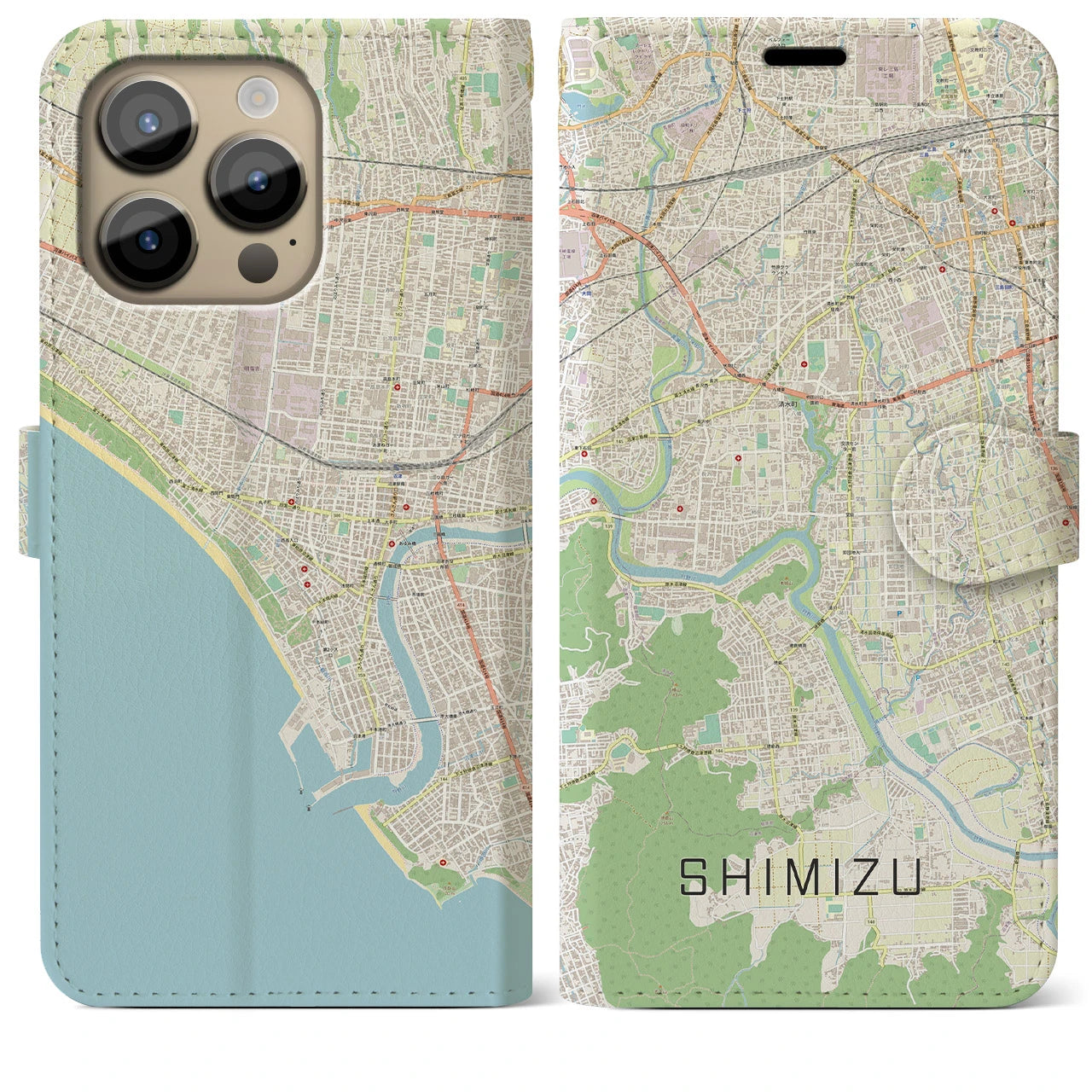 【清水（静岡県清水町）】地図柄iPhoneケース（手帳両面タイプ・ナチュラル）iPhone 14 Pro Max 用