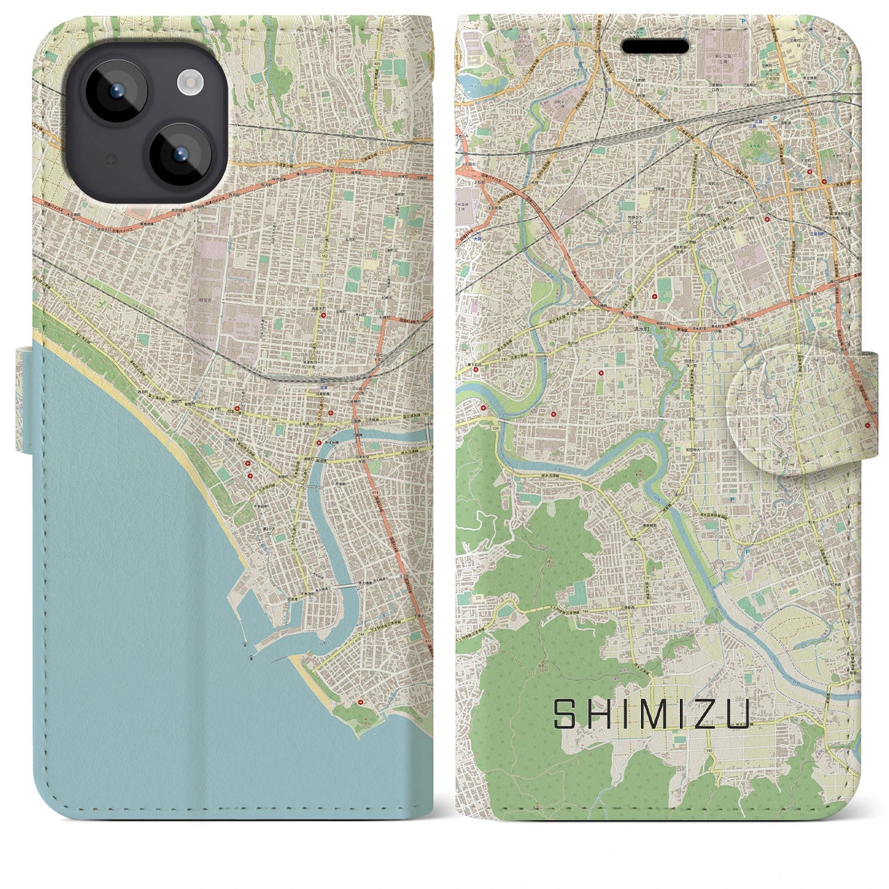 【清水（静岡県清水町）】地図柄iPhoneケース（手帳両面タイプ・ナチュラル）iPhone 14 Plus 用