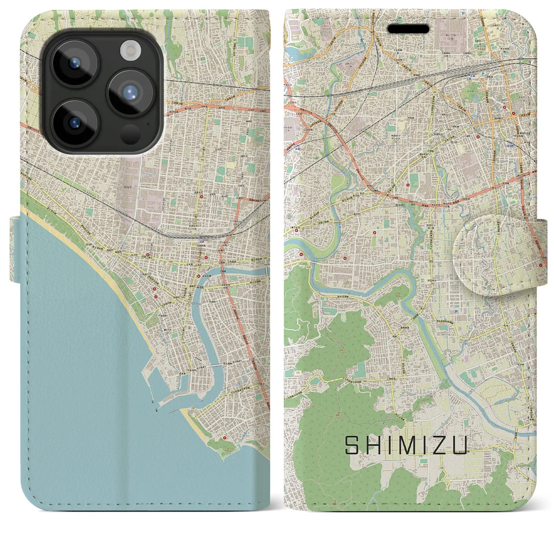 【清水（静岡県清水町）】地図柄iPhoneケース（手帳両面タイプ・ナチュラル）iPhone 15 Pro Max 用