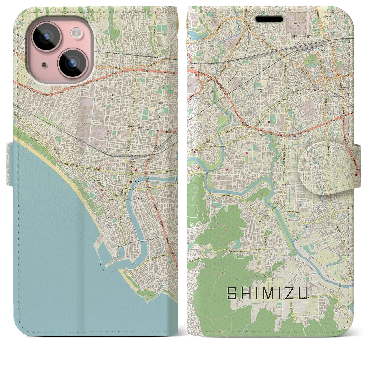 【清水（静岡県清水町）】地図柄iPhoneケース（手帳両面タイプ・ナチュラル）iPhone 15 Plus 用