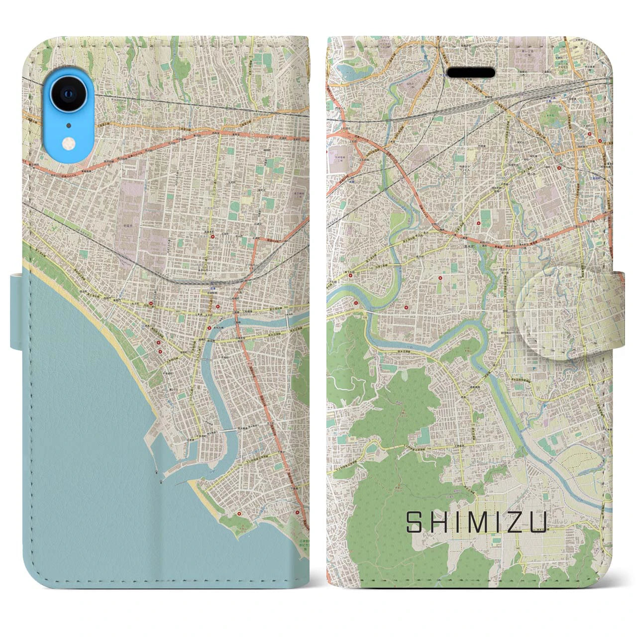 【清水（静岡県清水町）】地図柄iPhoneケース（手帳両面タイプ・ナチュラル）iPhone XR 用