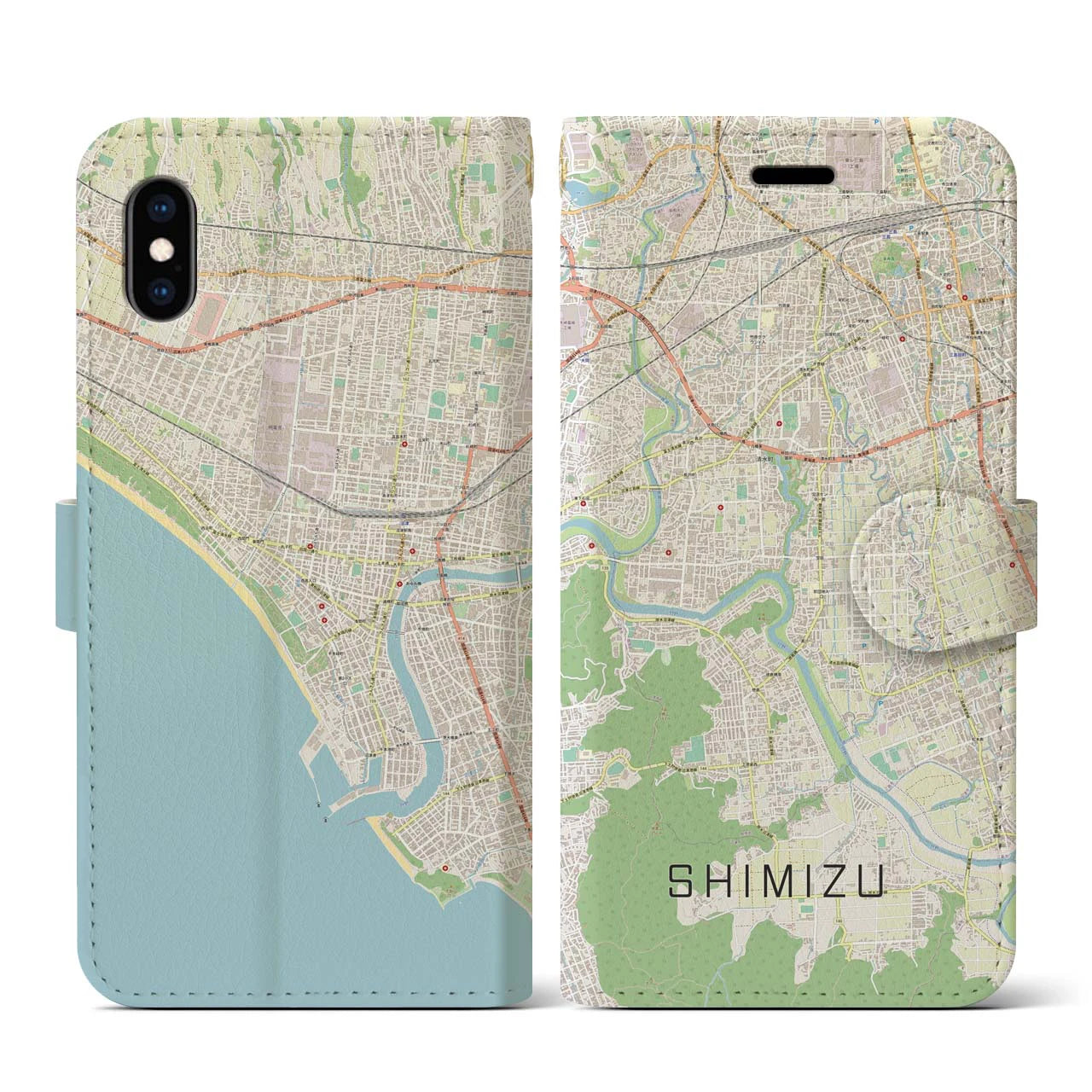 【清水（静岡県清水町）】地図柄iPhoneケース（手帳両面タイプ・ナチュラル）iPhone XS / X 用