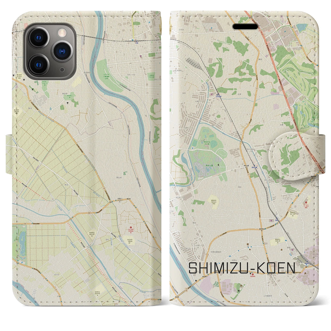 【清水公園】地図柄iPhoneケース（手帳両面タイプ・ナチュラル）iPhone 11 Pro Max 用