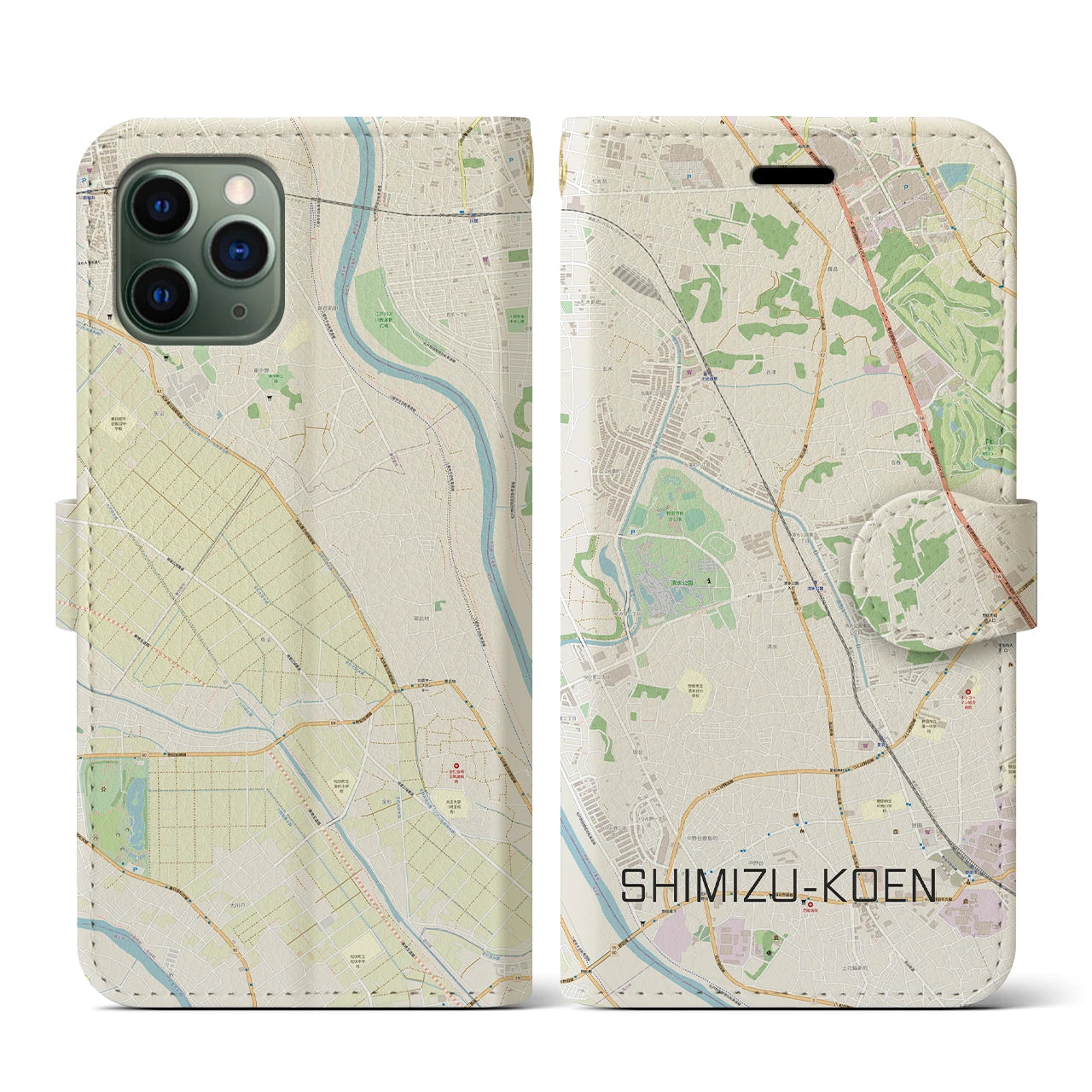 【清水公園】地図柄iPhoneケース（手帳両面タイプ・ナチュラル）iPhone 11 Pro 用