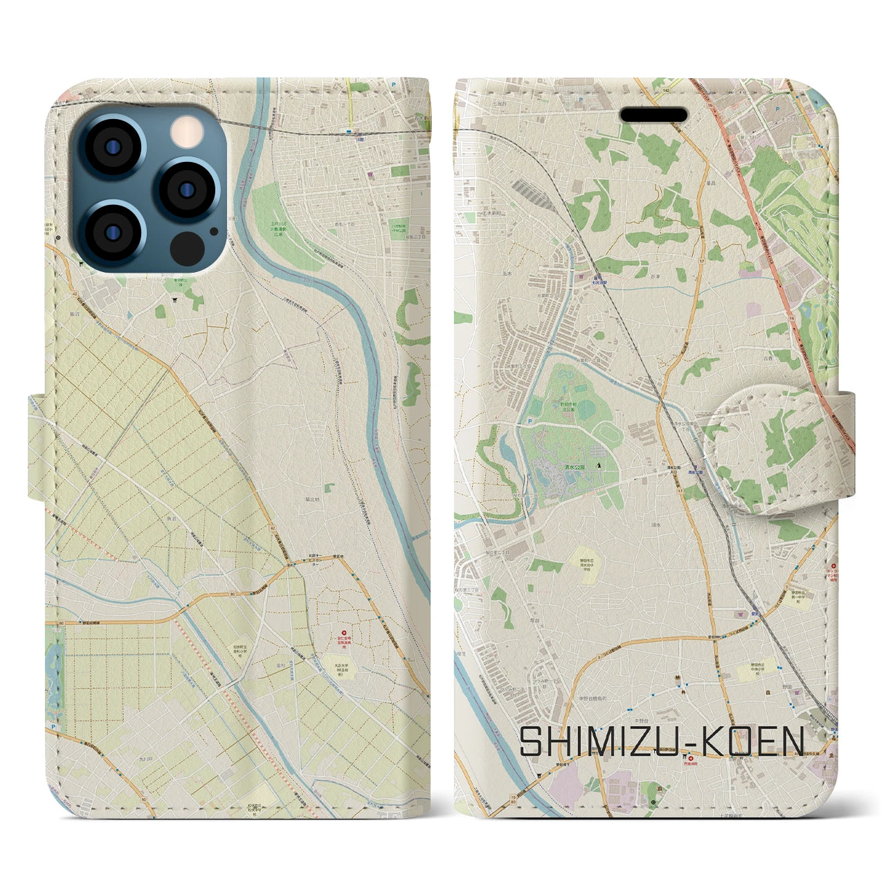 【清水公園】地図柄iPhoneケース（手帳両面タイプ・ナチュラル）iPhone 12 / 12 Pro 用