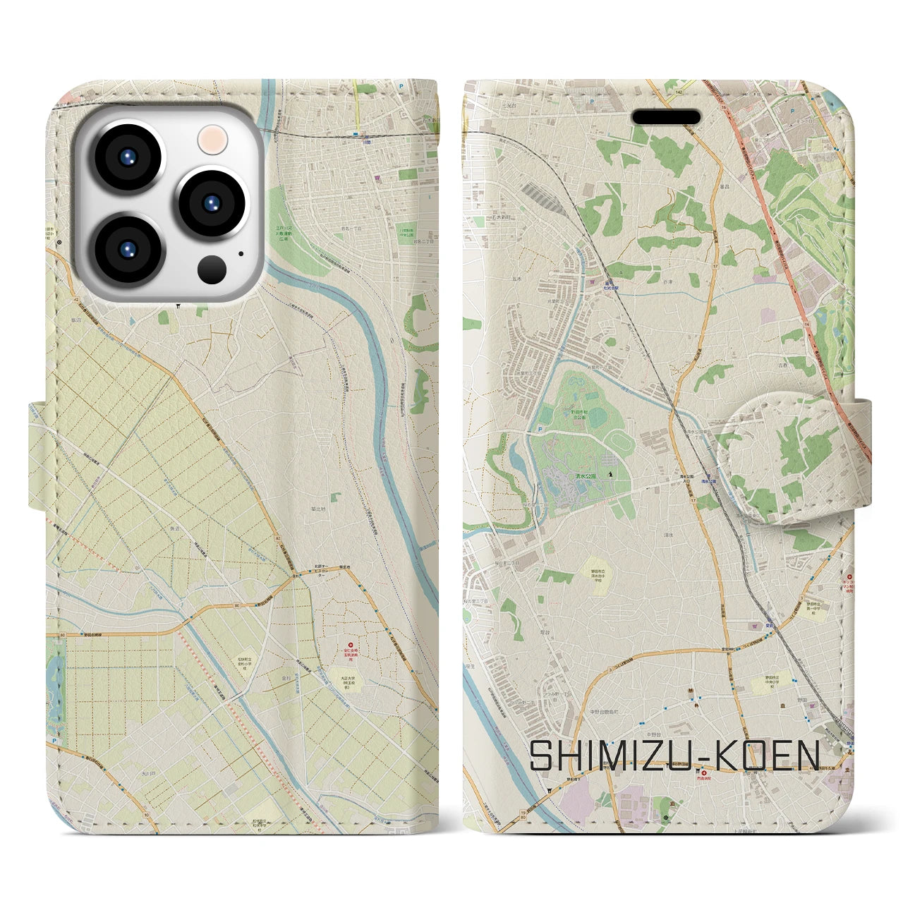 【清水公園】地図柄iPhoneケース（手帳両面タイプ・ナチュラル）iPhone 13 Pro 用