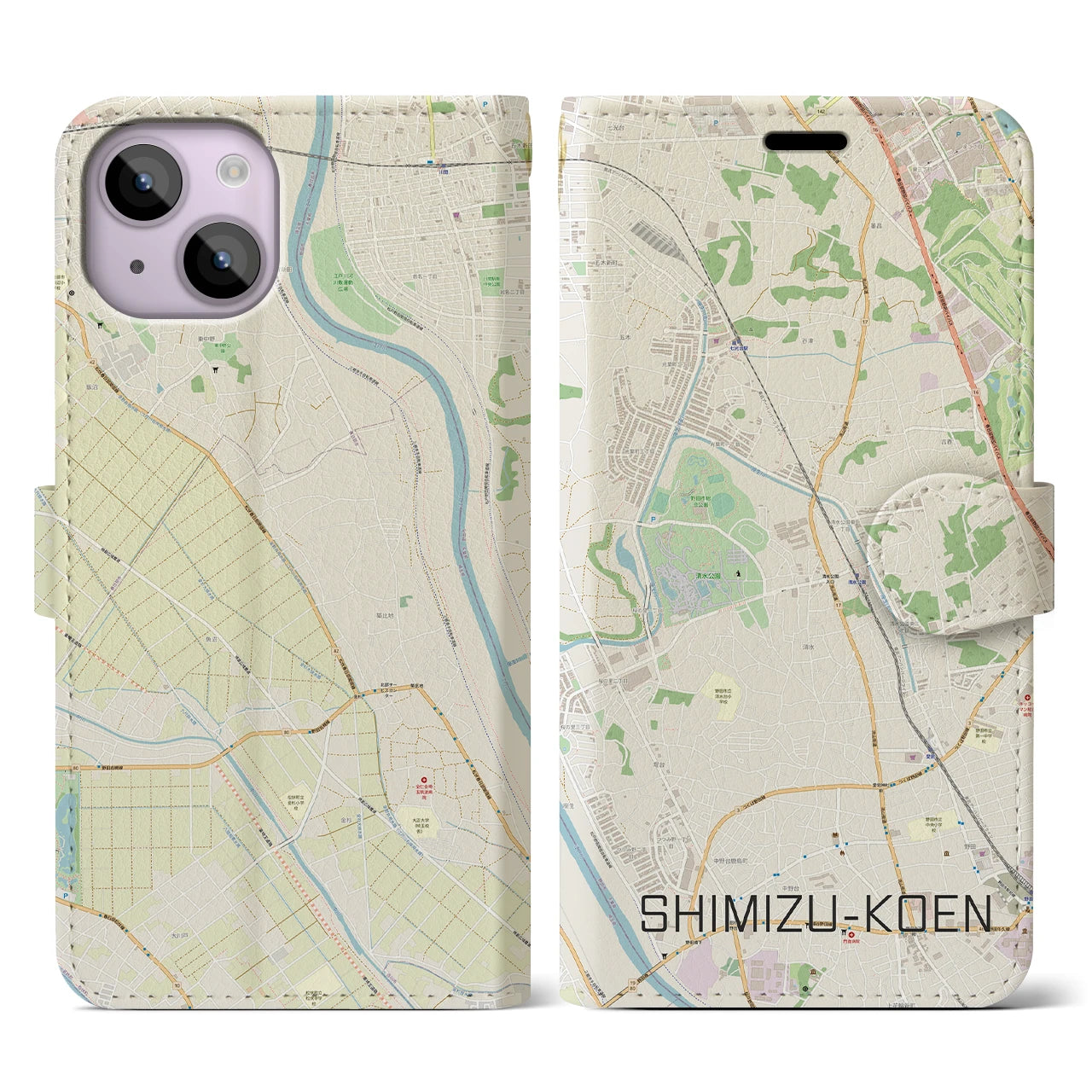 【清水公園】地図柄iPhoneケース（手帳両面タイプ・ナチュラル）iPhone 14 用