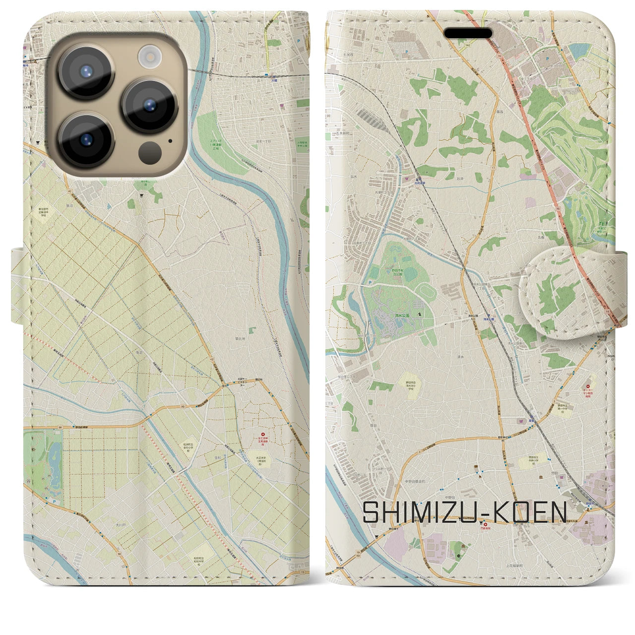 【清水公園】地図柄iPhoneケース（手帳両面タイプ・ナチュラル）iPhone 14 Pro Max 用