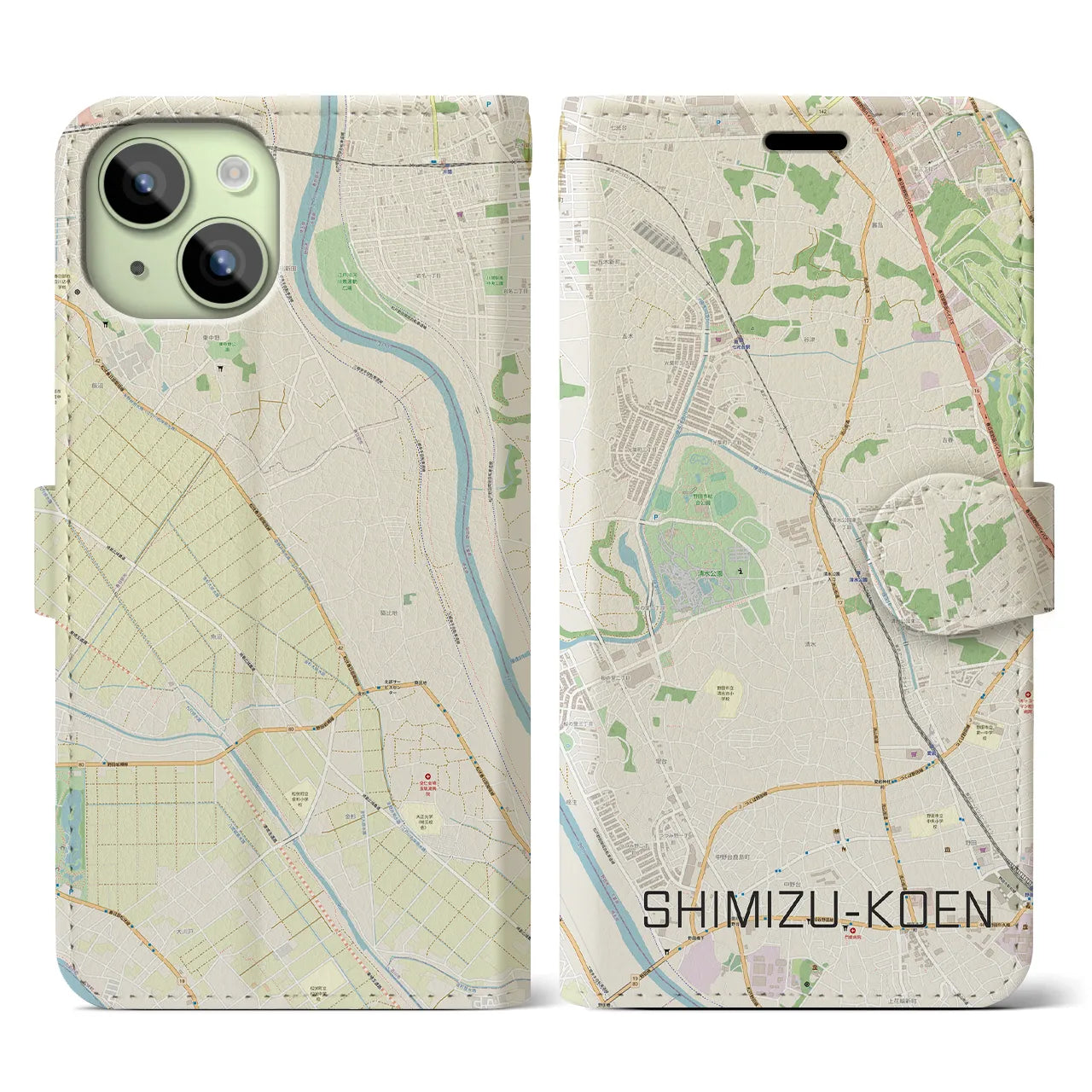 【清水公園】地図柄iPhoneケース（手帳両面タイプ・ナチュラル）iPhone 15 用