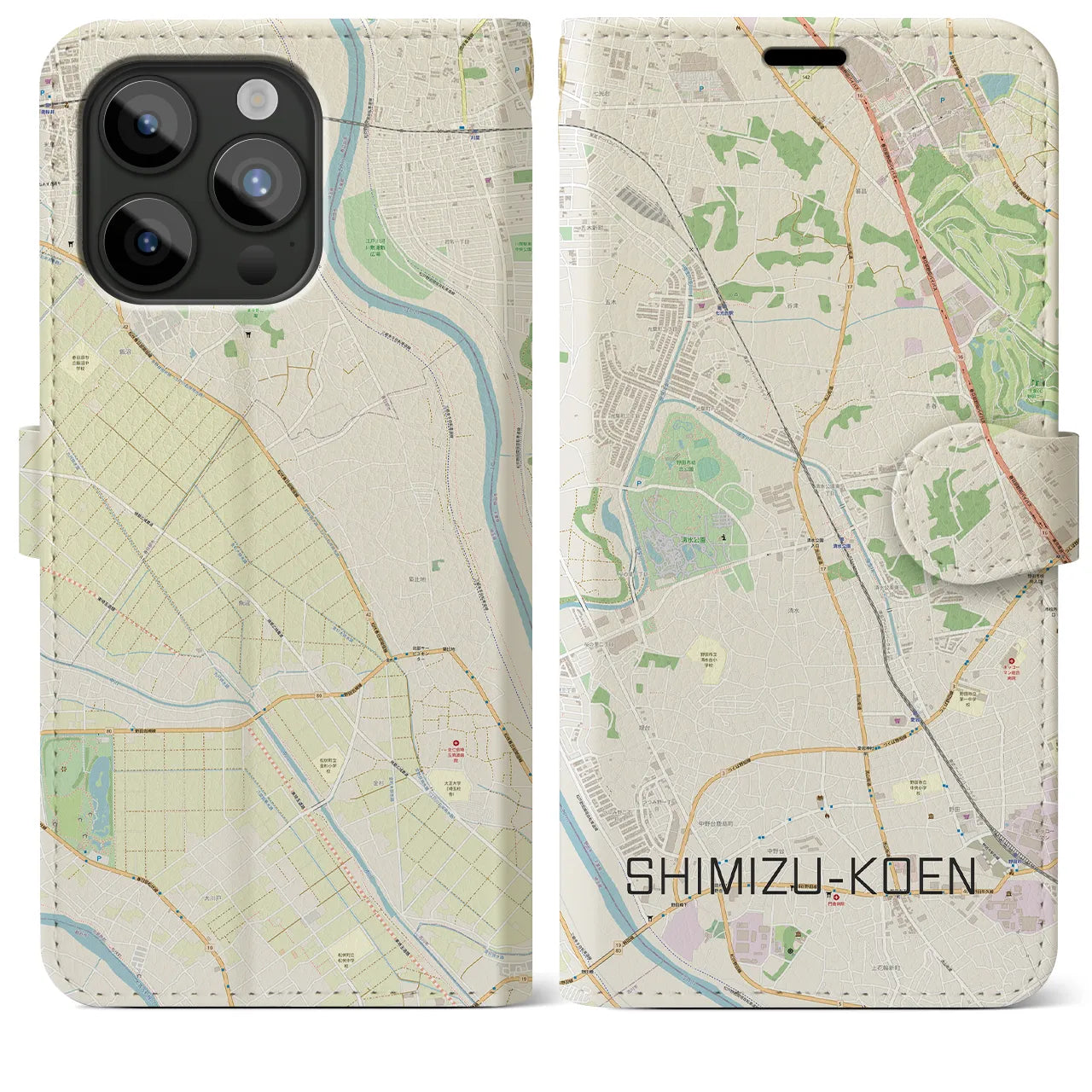 【清水公園】地図柄iPhoneケース（手帳両面タイプ・ナチュラル）iPhone 15 Pro Max 用