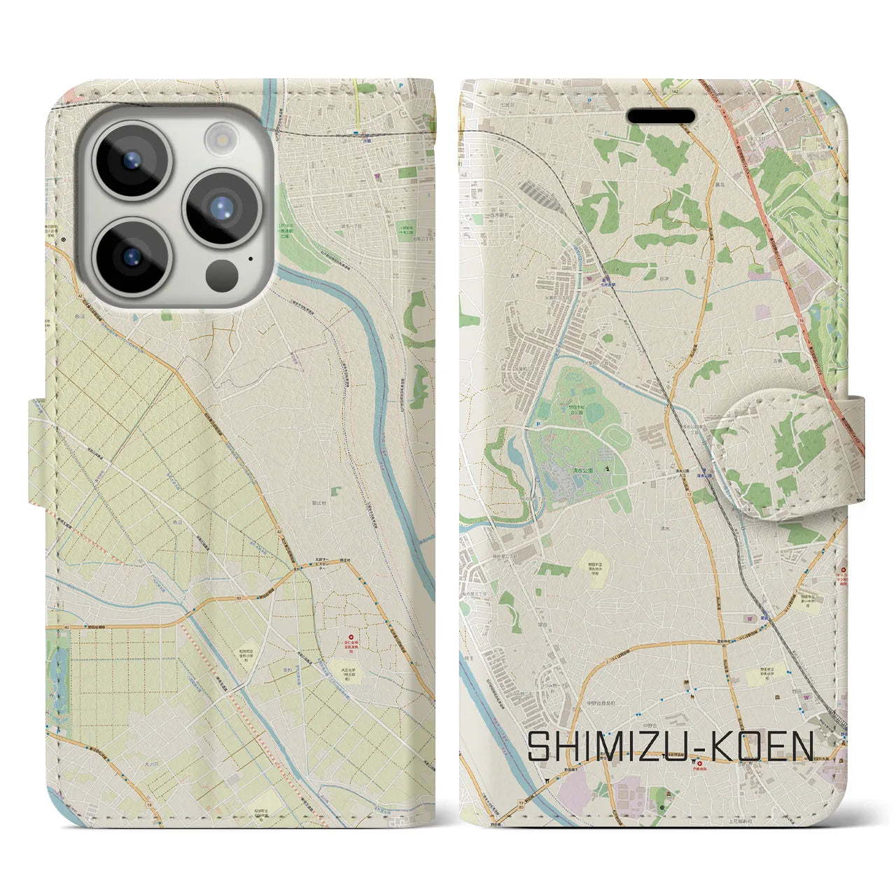 【清水公園】地図柄iPhoneケース（手帳両面タイプ・ナチュラル）iPhone 15 Pro 用