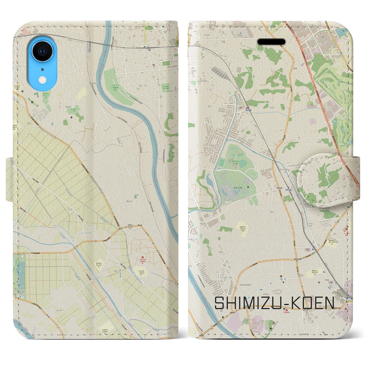 【清水公園】地図柄iPhoneケース（手帳両面タイプ・ナチュラル）iPhone XR 用