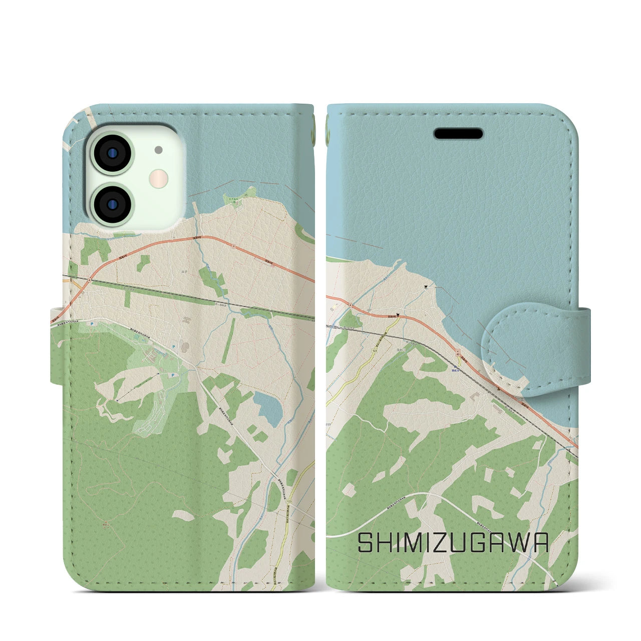 【清水川】地図柄iPhoneケース（手帳両面タイプ・ナチュラル）iPhone 12 mini 用