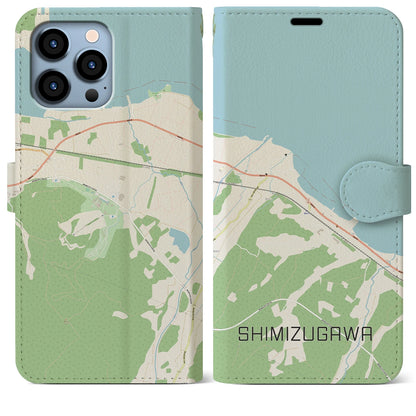 【清水川（青森県）】地図柄iPhoneケース（手帳タイプ）ナチュラル・iPhone 13 Pro Max 用