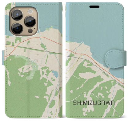 【清水川（青森県）】地図柄iPhoneケース（手帳タイプ）ナチュラル・iPhone 14 Pro Max 用
