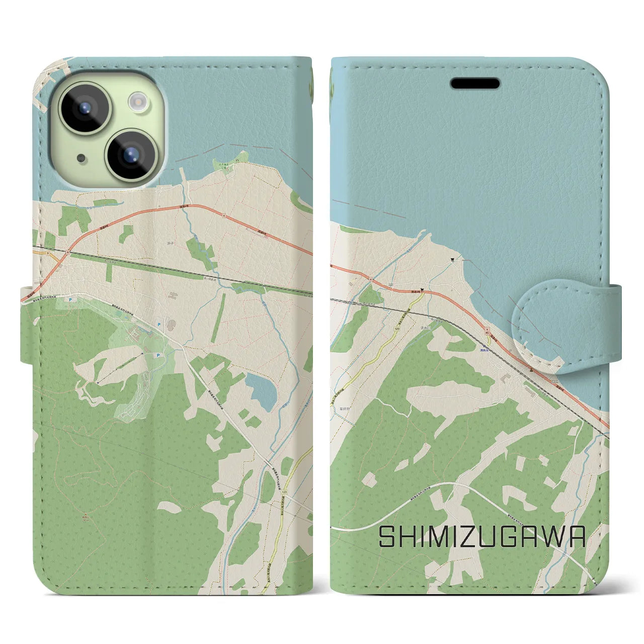 【清水川】地図柄iPhoneケース（手帳両面タイプ・ナチュラル）iPhone 15 用