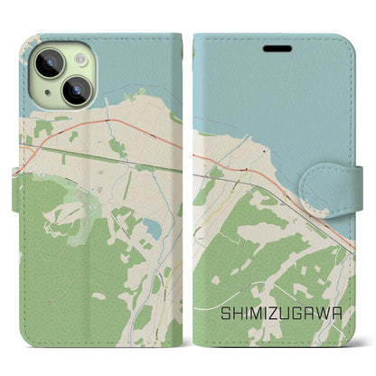 【清水川（青森県）】地図柄iPhoneケース（手帳タイプ）ナチュラル・iPhone 15 用
